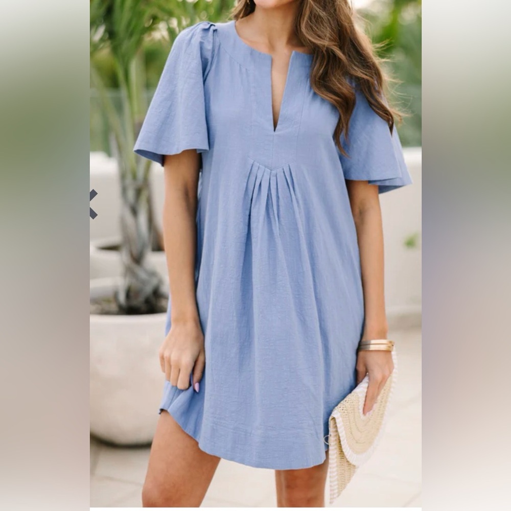 Light Blue V-Neck Flutter Sleeve Tunic Dress